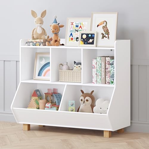 UTEX Wooden Kids Bookshelf & Toy Organizer, 5 Storage Cubes with Wood Legs by UTEX