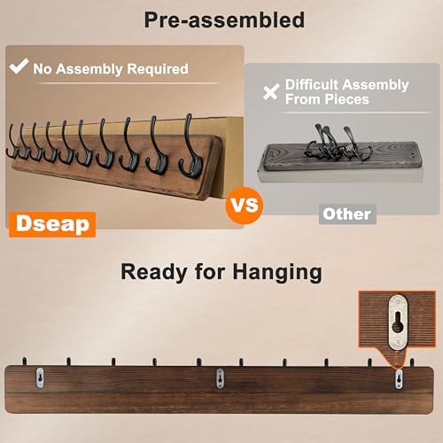 Dseap Coat Rack Wall: 38-1/4" Long, Patented, Heavy-Duty, 10-Double-Hooks Wooden Wall Mounted Coat Rack Coat Hanger Hook Rail for Winter Coats Hat Jacket Clothing, Light Brown - Image 3