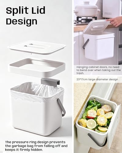 Kitchen Compost Bin - 1.8 Gallons Hanging Trash Can with Lid for Kitchen Cabinet Door, Under Sink, Wall Mounted Waste Bin for Bathroom, 7L(White) - Image 6