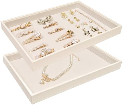 Beige Velvet Jewelry Tray for Drawers Black Jewelrys Display Tray Stackable Jewelry Organizer Trays for Necklace Bracelet Ring Watch (2 Pack) by JETEHO