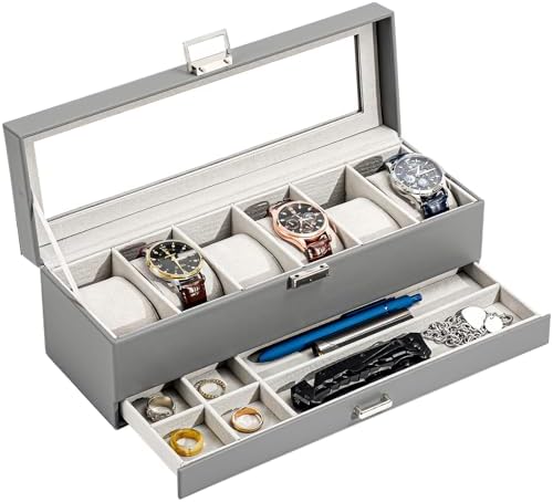 ProCase Watch Box, 6 Slot Watch Display Case with Drawer -Grey by ProCase