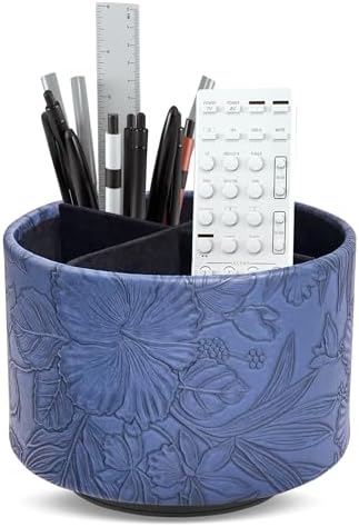 Round Leather Art Supply Organizer,Remote Control Holder,360 Degree Spinning,Multi-Functional Pencil Holder,4 Compartments Desktop Stationary Organizer(1-Carved Blue) by Hennaja
