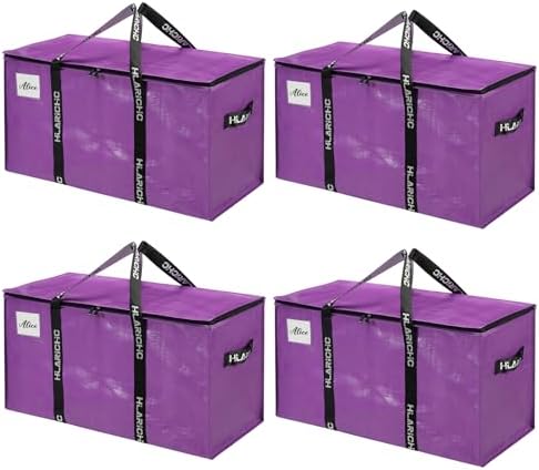 Heavy Duty Moving Bags 97L - Extra Large Storage Bags with Strong Zipper & Comfortable Handles, Packing Boxes for Moving House, College Dorm, 4 Pack, Purple, Virgin PE Material by Unknown