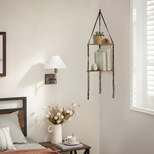 Artilady Corner Shelf Macrame Wall Hanging Balck, Boho Wood Storage Decor - Image 3