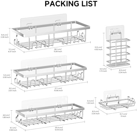 Shower Caddy, 5 Pack Shower Shelves for Inside Bathroom, Rustproof Adhesive Bathroom Organizer with Soap Holder, No Drilling Washroom Organizers and Storage for Bathtub Room, Matte silver - Image 2
