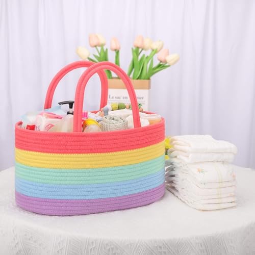 COMSE Large Cotton Rope Baby Diaper Caddy Organizer with Handles, Rainbow - Image 7