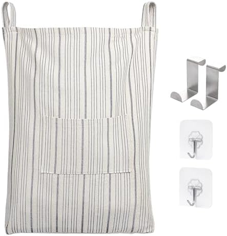 AELS Farmhouse Hanging Laundry Hamper with 2 Hooks, Washable Beige & Stripes Laundry Bag with Zipper & Wide Open Top, Over the Door Organizer for Dirty Clothes, Space Saving Storage by AELS