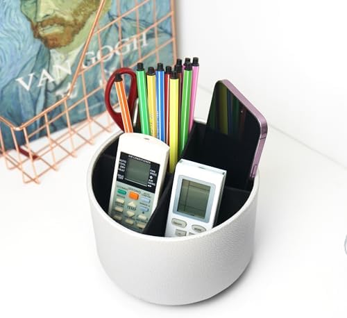 Round Leather Art Supply Organizer,Remote Control Holder,360 Degree Spinning,Multi-Functional Pencil Holder,4 Compartments Desktop Stationary Organizer(1-Lichee Silver) - Image 6