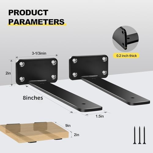 12 Pack - 8 inch Black Hidden L Shelf Bracket (1/5 Inch Thicked) Iron Floating Shelf Brackets Rustic Industrial Metal Brackets for Shelf Support - Image 2