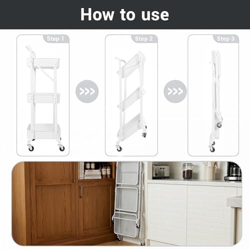 Amatic 3 Tier Folding Rolling Utility Cart with Wheels, Metal Foldable Storage Cart Organizer with 3 Hanging Cups & 6 Hooks for Kitchen, Office, Living Room, Nursery(White) - Image 3