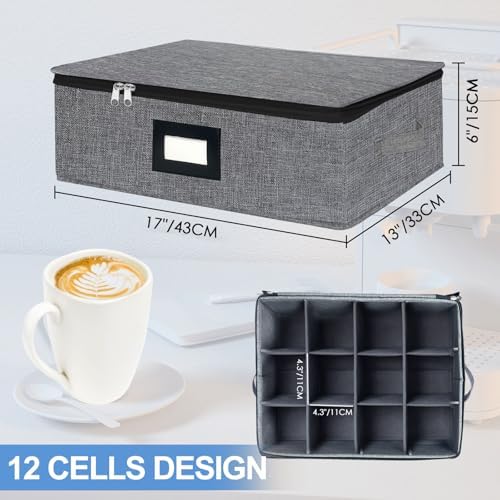 homyfort Mug Coffee Storage Box with Dividers - Stackable Glass China Storage Containers Hard Shell with Lid, Label and Handles, Holds 12 Coffee Mugs and Tea Cups (Dark Grey) - Image 3