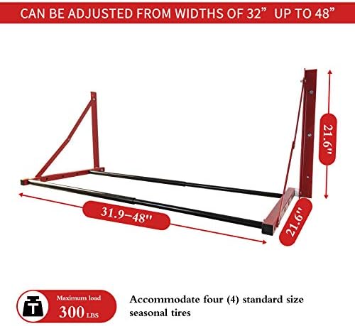 ROBLOCK Folding Tire Wheel Rack Wall Mount Multi-Tire Spare Carriers Garage (32"-48") x 22" x 22", Red - Image 2