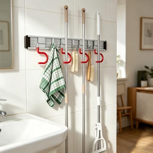 Wall Mounted Mop and Broom Holder Stainless Steel S Type Broom Rack Anti-Slip Mop Organizer (34Inches,8 Positions 6 Hooks, Red White) - Image 6
