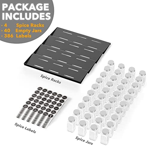 SpaceAid Spice Drawer Organizer with 40 Spice Jars, 386 Spice Labels, 4 Tier Seasoning Rack Tray Insert for Kitchen Drawers, 18.5" Wide x 17.5" Deep - Image 5