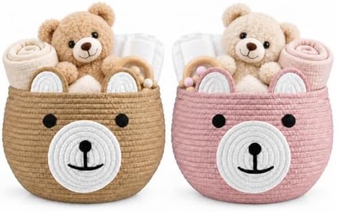 PandaEar 2 Pack Cotton Rope Baby Basket, Baby Gift Basket Nursery Laundry Organizer with Cute Bear Design for Storage Infant Newborn Essentials, Diaper Caddy with Handle by PandaEar