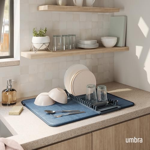 Umbra Udry Dish Drying Rack with Mat, Folds Flat for Storage, Slate Blue - Image 2