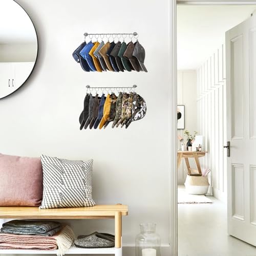 Viklluyr Hat Rack Baseball Cap Wall Organizer - Closet Hats Holder with 20 Hooks - Metal Caps Storage Wall Mounted Hat Hanger Set of 2 for Closet Door Bedroom Entryway Laundry(Grey) - Image 3