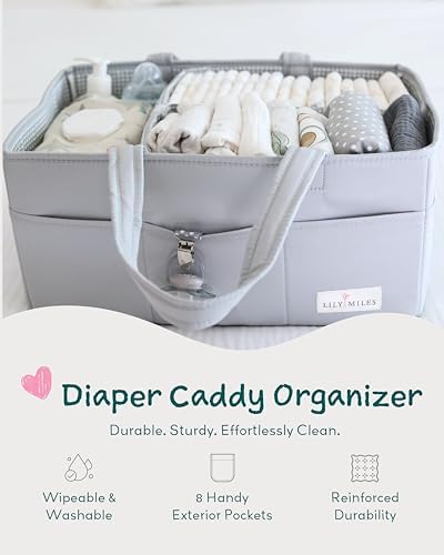 Lily Miles Diaper Caddy Organizer with 8 Pockets, Wipeable Baby Caddy Basket for Diapers and Wipes, Baby Registry Favorites, Nursery Tote Bag for Changing Table or Car (Heather Grey, Large) - Image 2