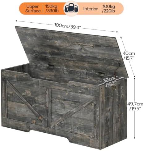 HOOBRO Storage Bench, 39.4” Retro Wooden Storage Chest with U-Shaped Cut-Out Pull, Safety Hinge, Supports 330 lb and Easy Assembly for Toy Box Organizer (Vintage Gray) VP771CW01G1 - Image 6