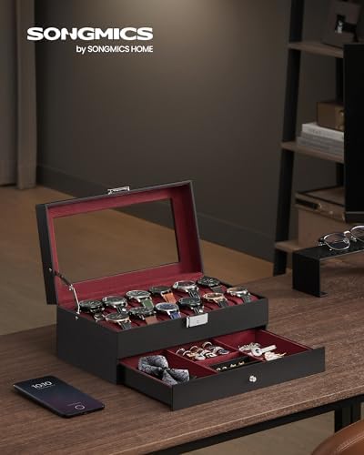 SONGMICS 12-Slot Watch Box, Lockable with Glass Lid, 2 Layers Watch Case - Image 2