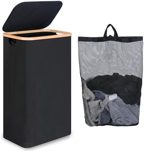 iEGrow 75L Slim Laundry Hamper, Narrow Laundry Basket with Lid,Foldable Clothes Hamper with Bamboo Handles,Hamper Basket with Removable Inner Bag for Laundry Room Bedroom College Dorm,19.8 Gals Black by iEGrow