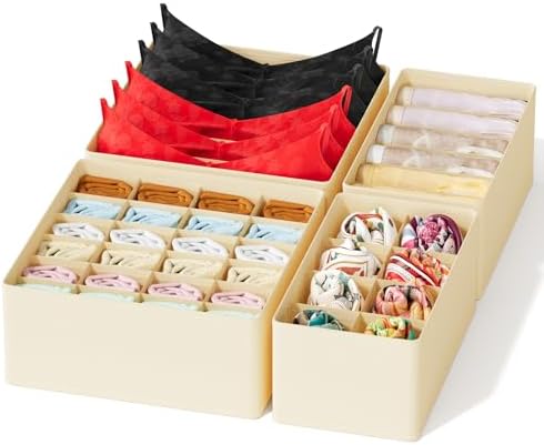 SpaceAid Underwear Drawer Organizer, 4 Pack Dresser Organizer Bins for Nursery, Closet Organization and Storage with Dividers for Baby Clothes Socks Bra Ties Scarf (Beige) by SpaceAid