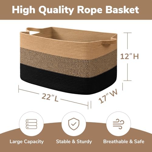 Goodpick 75L Large Woven Blanket Basket, 22" x 17" x 12", Black & Jute - Image 3