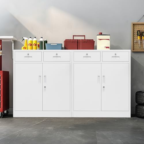 Wanfu Metal Storage Cabinet, Locking Storage Cabinet with Adjustable Shelf, 36" H Metal Cabinets with 2 Drawers for Office, Garage, Home-White - Image 4