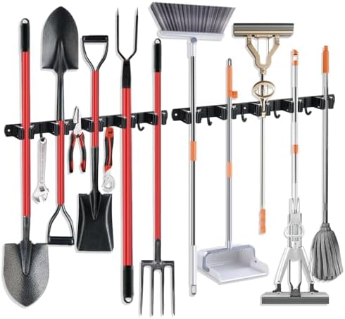 2 Pack Broom Hanger and Mop Holder, Heavy Duty Garden Tool Organizer Rack Rake and Shovel Handle, Stainless Steel Wall Mounted Utility Rack with Screws (5 Racks with 4 Hooks, Matte Black). by JAMEND+CLXP