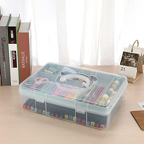 BTSKY 2-Tier Cute Bear Storage Box with Removable Divided Tray Portable Clear Plastic Art Craft Supply Organizer Stackable Home Office Supplies Storage Container for Pens Notes A4 papers etc (Blue) - Image 7