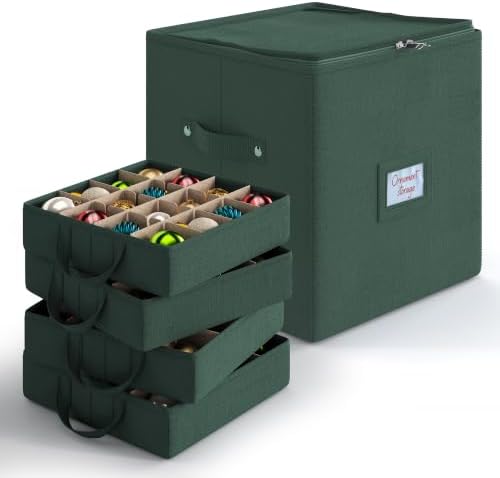 Hearth & Harbor Christmas Ornament Storage Box With 4 Inner Tray Dividers - Non-Woven Ornament Storage Container For 64 Holiday Ornaments or Decorations - Green by HearthHarbor