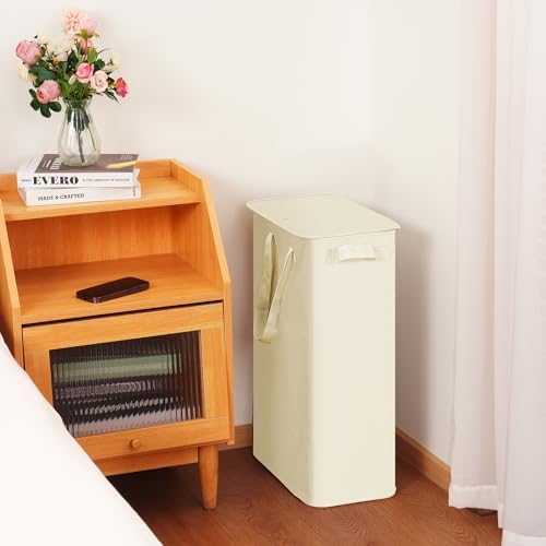 efluky Slim Laundry Basket with Lid, Narrow Laundry Hamper with Handles, Collapsible Dirty Clothes Hamper, Tall Laundry Bin for Laundry Room, Dorm and Bedroom, 55L Beige - Image 5