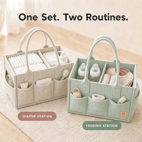 HIPHOP PANDA 2-Pack Diaper Caddy Organizer - Nursery Storage Bin & Car Organizer for Diapers, Wipes, and Baby Essentials - Dual-Color Solid Set (Green/Oatmeal), Regular Size - Image 2
