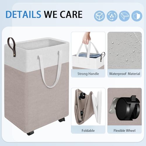 HomeHacks 75L Rolling Laundry Basket with 4 Wheels Collapsible Khaki - Image 3