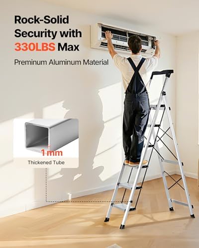 VEVOR 6 Step Ladder, Folding Step Stool with Wide Anti-Slip Pedal and Comfort Handgrip, 330 lbs Capacity Portable Aluminum Stepladder, Multi-Use for Kitchen, Warehouse, Household and Office, Silver - Image 4
