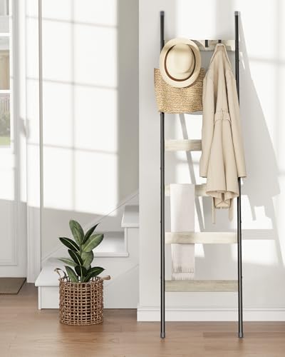 Blanket Ladder, 6-Tier Towel Holder with 4 Removable Hooks, Farmhouse Wall Leaning Decorative Rack Shelf, Wooden Towel Display Rack, Quilt Ladder for Living Room, Bedroom, Greige - Image 2
