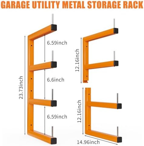 2-Pack Lumber Storage Rack, Wood Storage Racks Wall Mount, Heavy Duty Garage Wood Organizer With 4-Level System, Orange Utility Rack Organization Up 800 Lbs, Metal Lumber Shelf for Indoor and Outdoor - Image 3
