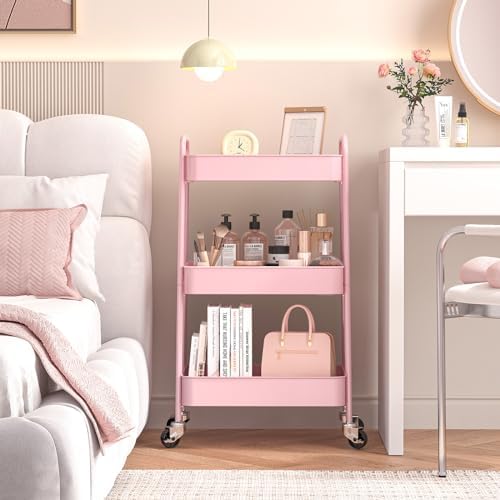 TOOLF 3 Tier Metal Rolling Cart, Utility Storage Cart with Wheels, Pink - Image 5