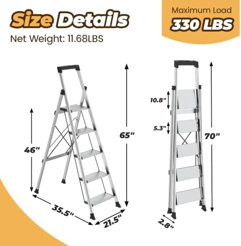 HBTower 5 Step Ladder, Lightweight Aluminum Folding Step Stool - Image 2