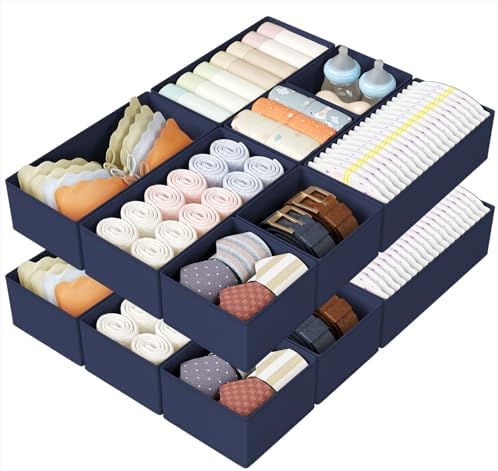 DIMJ Drawer Organizers Clothes, Set of 16 Dresser Organizer Bins, Fabric Closet Organizers and Storage, Shallow Drawer Dividers for Nursery, Clothing, Baby Clothes, Socks, Underwears, Tie (Navy Blue) by DiMJ