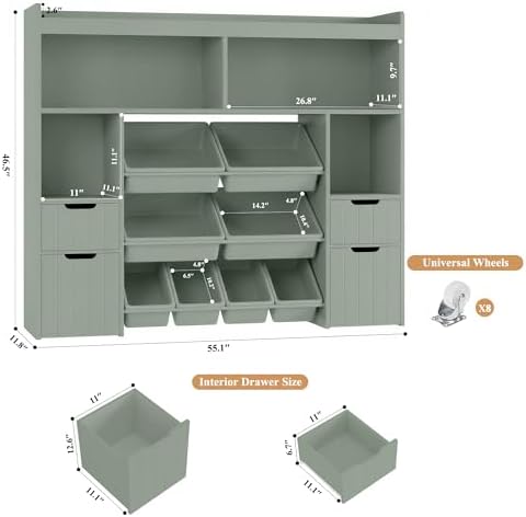 HORSTORS 55" W Toy Storage Organizer, Large Kids Bookshelf, Toy Box, Green - Image 3