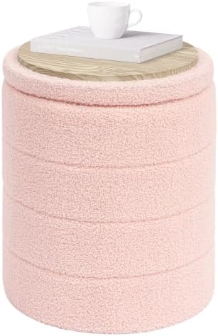 PINPLUS Compact Round Folding Storage Ottoman, Pink Boucle Footstool by PINPLUS