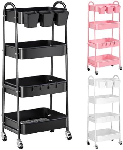Black 4 Tier Rolling Cart Metal with Lockable Wheels,Four Tiered Dorm Carts by Recximi
