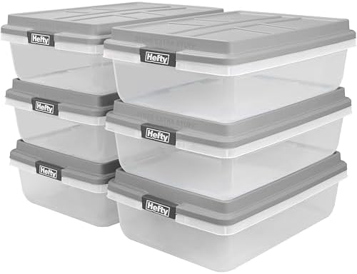 Hefty 40 Qt Hi-Rise Storage Bin with Lid, Stackable Plastic Storage Container, Organizer for Home, Garage & Closet, 6 Pack, Gray by Hefty