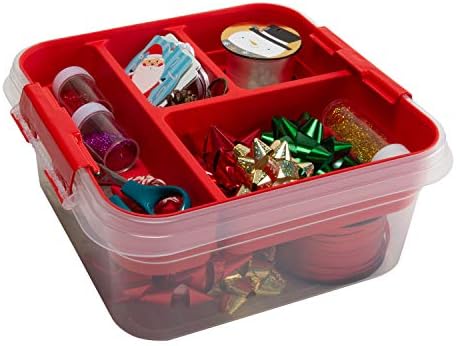 Simplify 5 Compartment Gift Supply Storage Box | 2 Tier Box | Red | Clear Top Lid | Dimensions: 9.5"x 9.5"x 4.5" | Snap Handle| Storage | Wrapping Accessories - Image 5