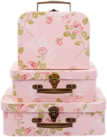 Paperboard Suitcases Set of 3 Decorative Storage Boxes With Lids, Gift Boxes With Lids For Presents, Compatible with Travel Dollhouses, Wedding Card Box or New Year Decorations (Pink Flowers) by Amedoo