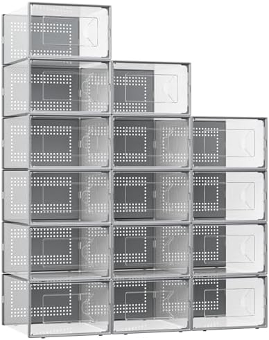 Foluck X-Large Shoe Storage Box, 15 Pack Clear Plastic Stackable Shoe Organizer for Closet, Interlocking Design Shoe Container Bins for Sneakers, Foldable Shoe Rack with Lids, Gray by Foluck