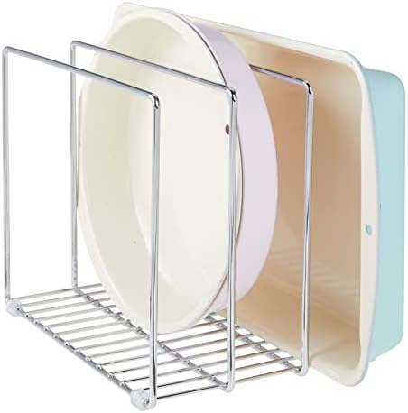 mDesign 3 Slot Tray and Pan Rack — Metal Wire Rack for Pantry and Kitchen Storage — Freestanding Pan Lid Holder Also for Baking Trays and Crockery – Silver by mDesign