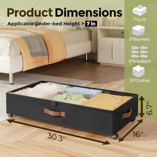 LAMU Under Bed Storage with Wheels, 2 Pack Under Bed Storage Containers with Clear Lids & Label, Rolling Under Bed Drawers for Clothes, Shoes, Blankets, Black - Image 2