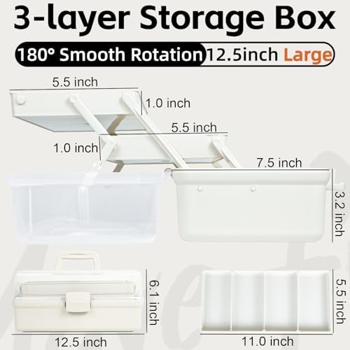 TERGOO 12.5in 3-Layer Multipurpose Craft Organizers and Storage with Adjustable Dividers, Portable Tackle Box, Folding Art & Craft Case for Medicine, Tool, Sewing Organizer (White) - Image 2